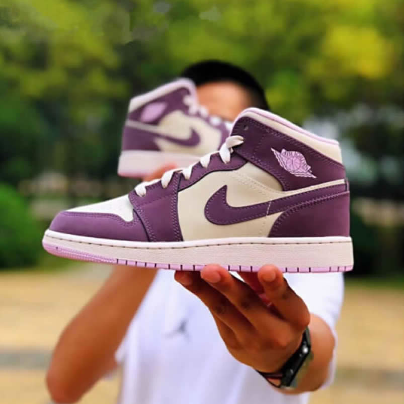 Air Jordan 1 Mid GS 'Pro Purple / Desert Sand' Shoes For Women 555112-500 In Hand Air Jordan 1 Mid GS 'Pro Purple / Desert Sand' Shoes For Women 555112-500 In Hand